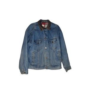 Vintage 90's Marlboro Country Store Denim Jacket Leather Collar Size Large Coat